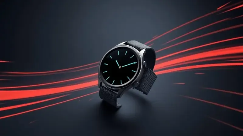 Render 3D conceitual de smartwatch esportivo genérico com formas geométricas dinâmicas e iluminação dramática.