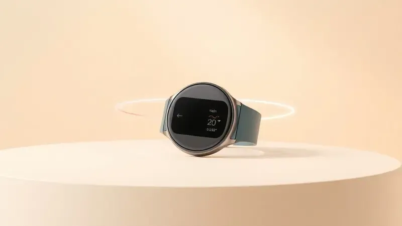 Dispositivo vestível conceitual com anéis holográficos flutuantes representando métricas de saúde e atividades esportivas diárias.
