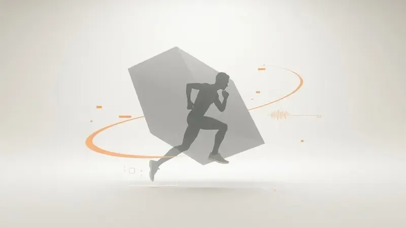Renderização 3D conceitual abstrata de atividades esportivas com formas geométricas dinâmicas e rastros de movimento em ambiente iluminado.