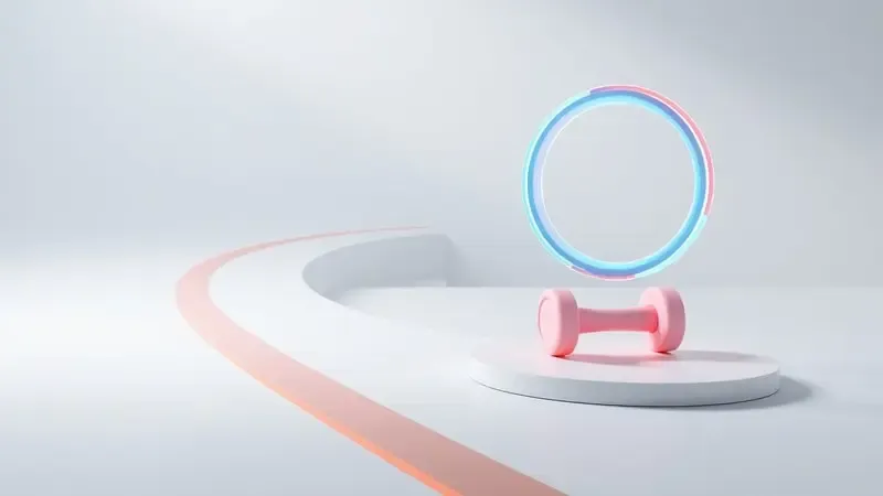 Renderização 3D conceitual de elementos fitness com pistas de corrida geométricas e anéis de atividade flutuantes em tons de azul e coral