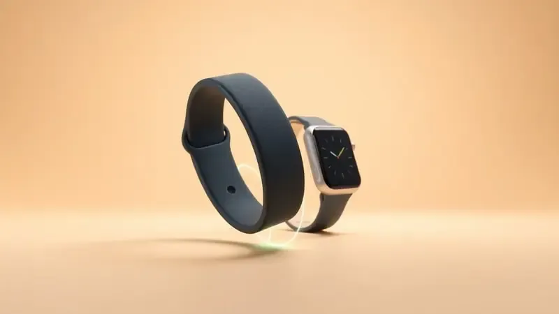 Render 3D conceitual de monitor cardíaco Bluetooth conectado a smartwatch Wear OS com linhas de pulso