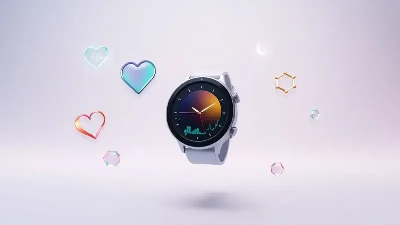 Conceito 3D de ecossistema de monitoramento contínuo de saúde com smartwatch e ícones abstratos de bem-estar