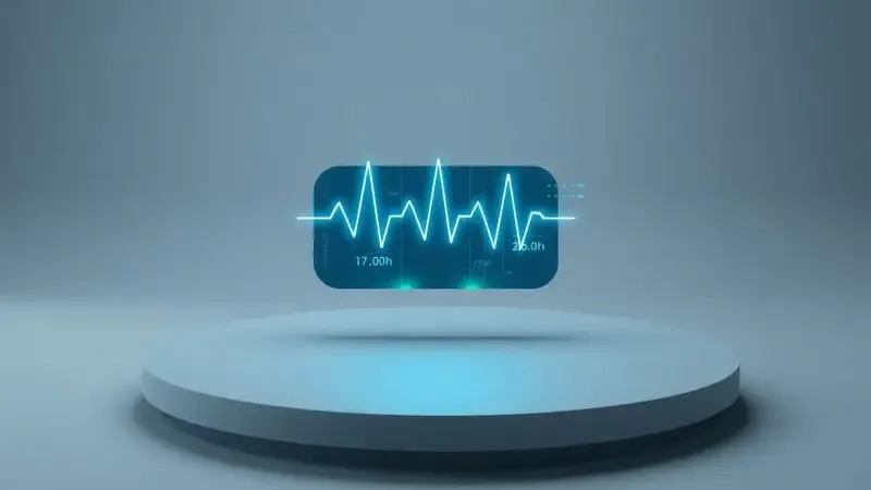 Renderização 3D conceitual abstrata com linha de pulso luminosa e elementos holográficos representando monitoramento cardíaco e métricas de saúde.