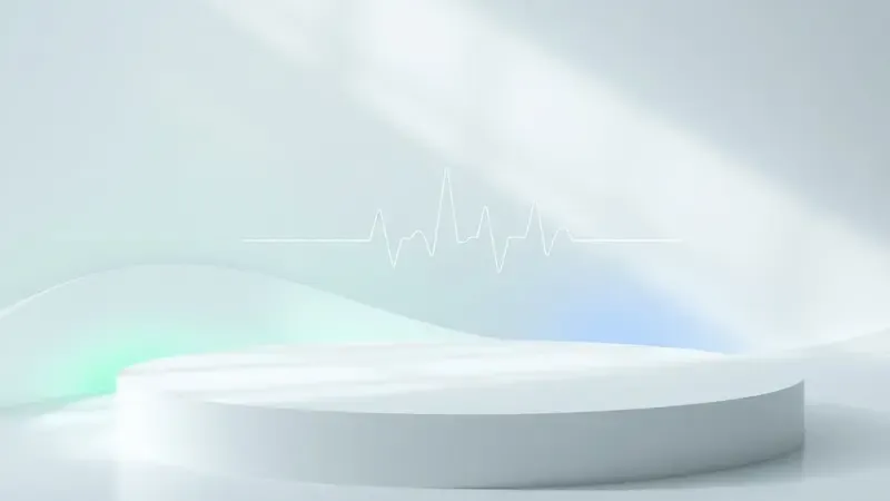 Render 3D conceitual abstrato representando monitoramento de saúde com linha de batimentos cardíacos e formas orgânicas.