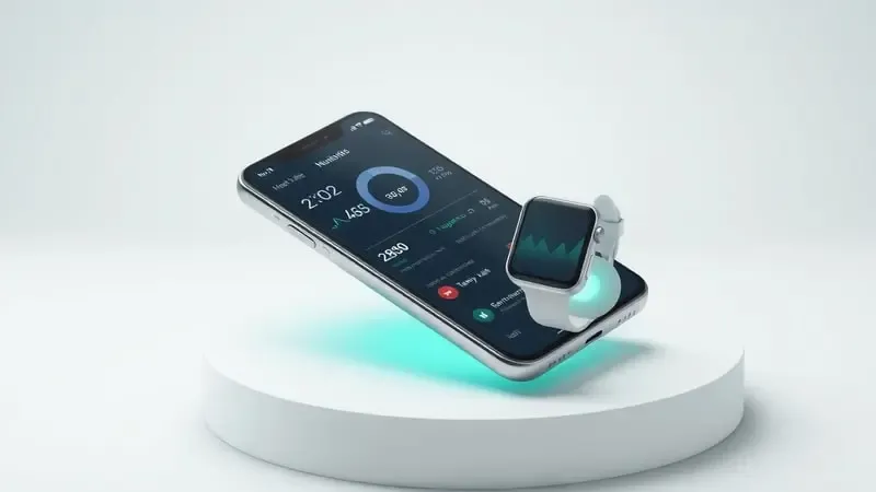Dashboard conceitual de monitoramento de saúde e batimentos cardíacos em smartphone com smartwatch ao lado.