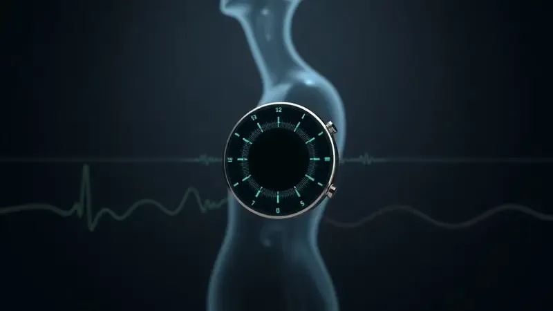 Silhueta humana abstrata translúcida com ondas de luz representando monitoramento cardíaco e oxigenação por dispositivo genérico flutuante.