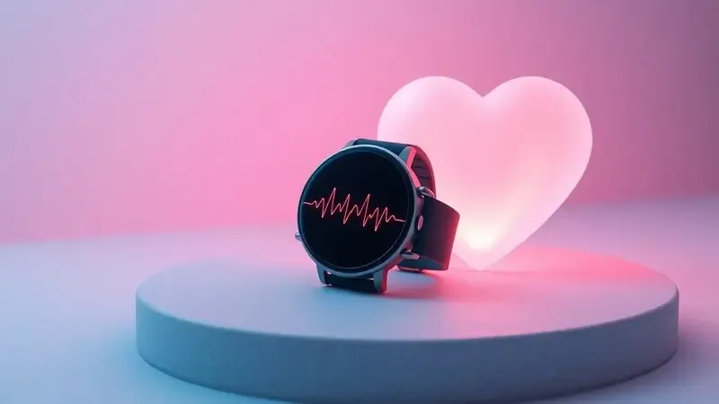 Conceito de monitoramento de saúde e batimentos cardíacos com smartwatch e coração geométrico translúcido