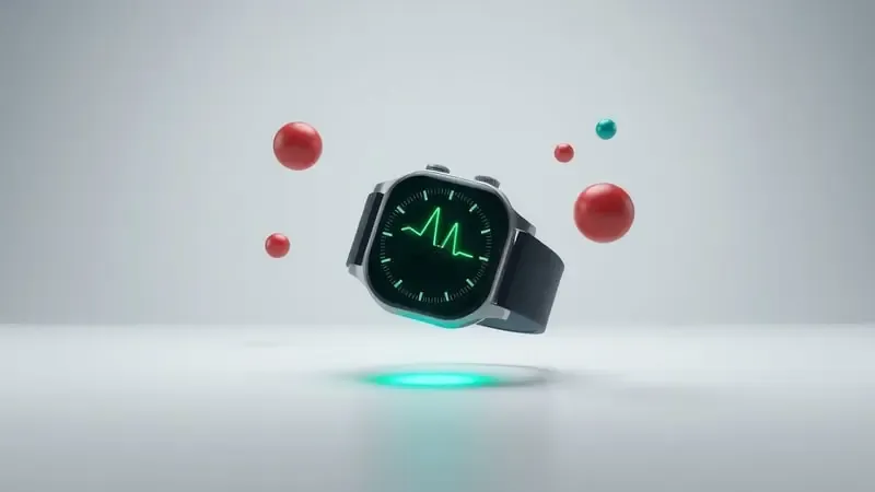 Renderização 3D de smartwatch com linha de batimento cardíaco e esferas de oxigênio representando monitoramento de saúde