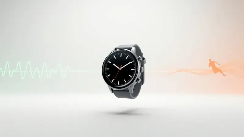 Conceito 3D de smartwatch entre monitoramento de saúde e desempenho esportivo com elementos visuais abstratos