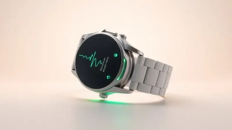 Render 3D de smartwatch com sensores biométricos verdes e visualização abstrata de frequência cardíaca em atmosfera tranquila.