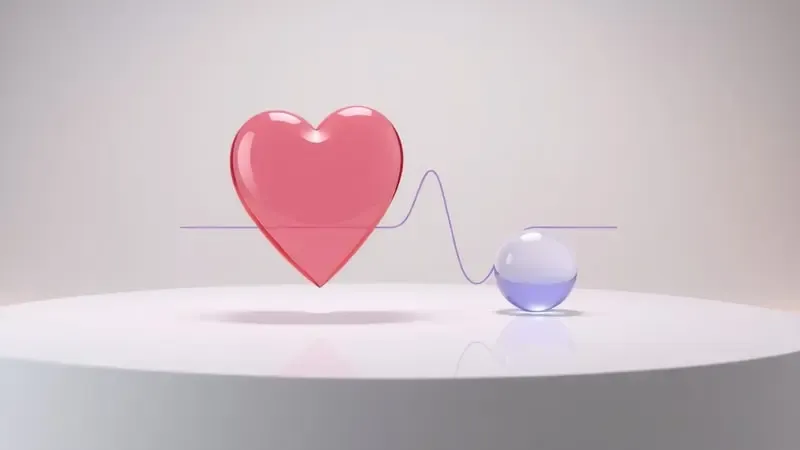 Renderização 3D de coração translúcido, ondas de sono e esferas de oxigênio representando monitoramento de saúde em composição elegante e limpa.