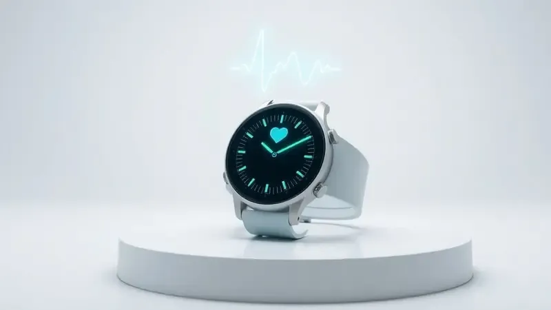 Smartwatch exibindo métricas abstratas de monitoramento cardíaco e sinais vitais em renderização 3D conceitual