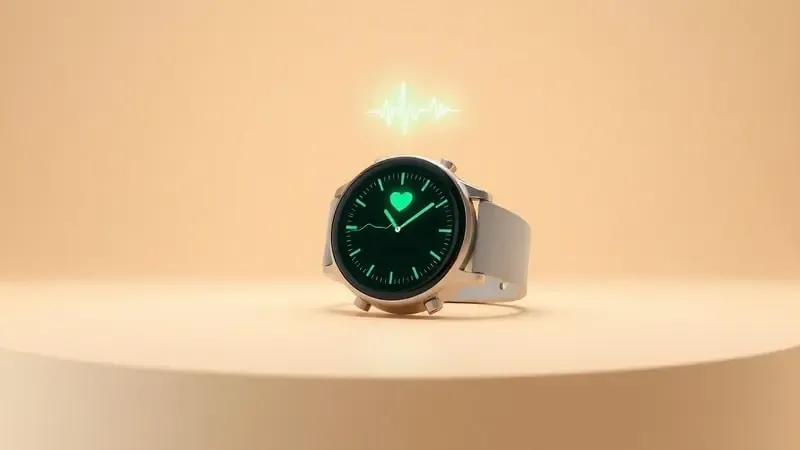 Renderização 3D conceitual de smartwatch com elementos abstratos flutuantes de monitoramento cardíaco e sinais vitais em tons suaves.