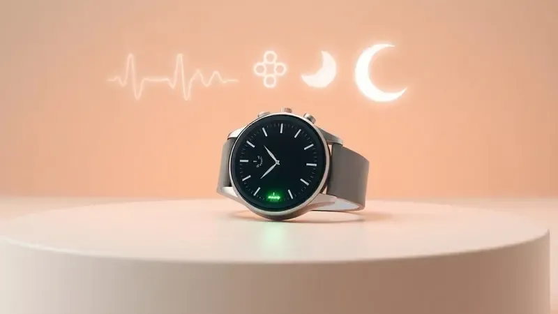 Renderização 3D de smartwatch com representações visuais abstratas de monitoramento cardíaco, oxigenação e sono.
