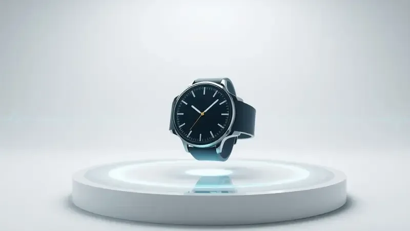 Render 3D de smartwatch genérico com indicadores de saúde abstratos flutuantes representando monitoramento corporal.