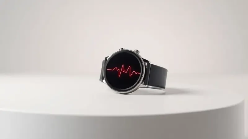 Render 3D conceitual de smartwatch com visualização abstrata de batimentos cardíacos e formas orgânicas pulsantes