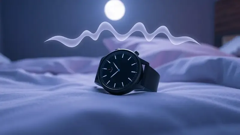 Render 3D de smartwatch em superfície de cabeceira com atmosfera noturna e ondas abstratas representando monitoramento de ciclos de sono