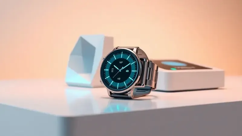 Render 3D conceitual de smartwatch realizando pagamento NFC com ondas de luz conectando a terminal minimalista