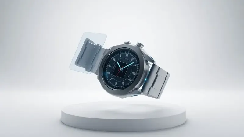 Render 3D conceitual de componentes internos de smartwatch com destaque para chip NFC e design em camadas transparentes