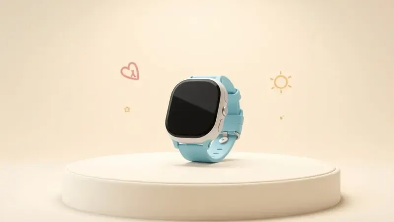 Renderização 3D de smartwatch infantil conceitual com ícones educativos flutuantes representando funcionalidades para crianças.