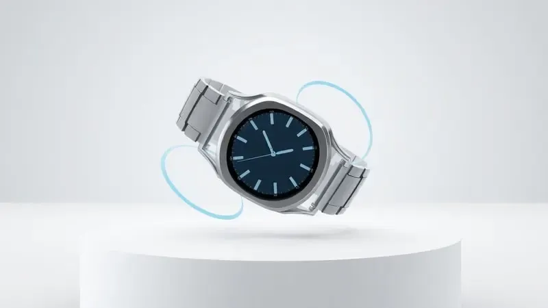 Renderização 3D conceitual de smartwatch em vista explodida revelando camadas geométricas translúcidas com iluminação suave de estúdio