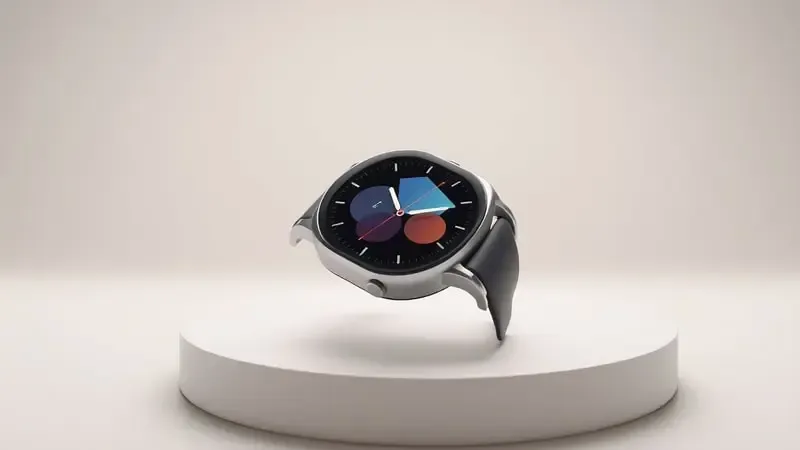 Close-up conceitual de tela de smartwatch exibindo watch face digital minimalista com formas geométricas abstratas.