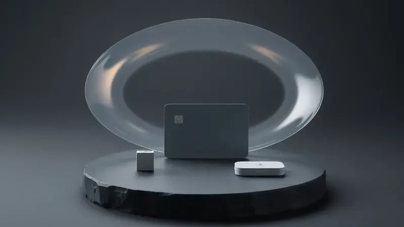 Renderização 3D de ondas de pagamento por aproximação em vidro iridescente com formas geométricas representando carteira digital NFC.