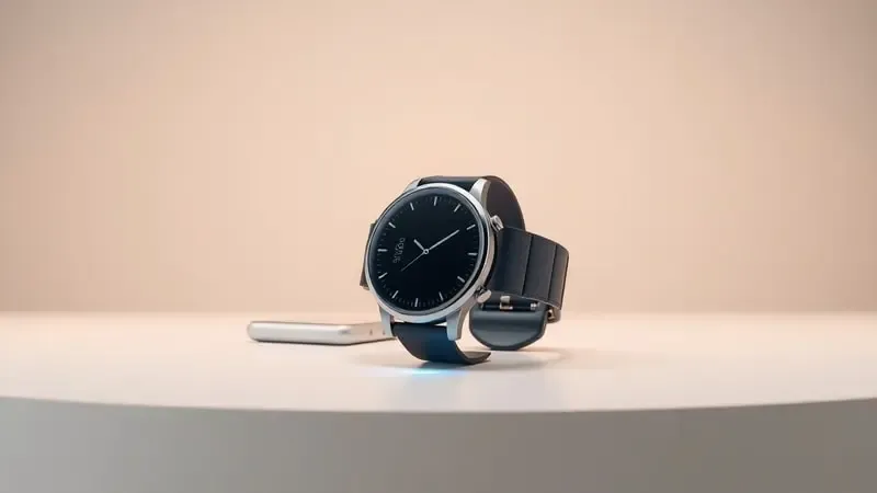Render 3D de smartwatch se aproximando de terminal de pagamento com onda NFC conceitual em ambiente clean.