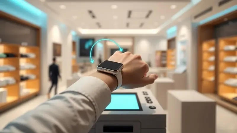 Pagamento por aproximação com smartwatch em terminal de loja em ilustração 3D conceitual