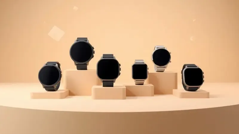 Render 3D conceitual representando panorama do mercado de wearables com smartwatches em plataformas escalonadas e formas geométricas abstratas.