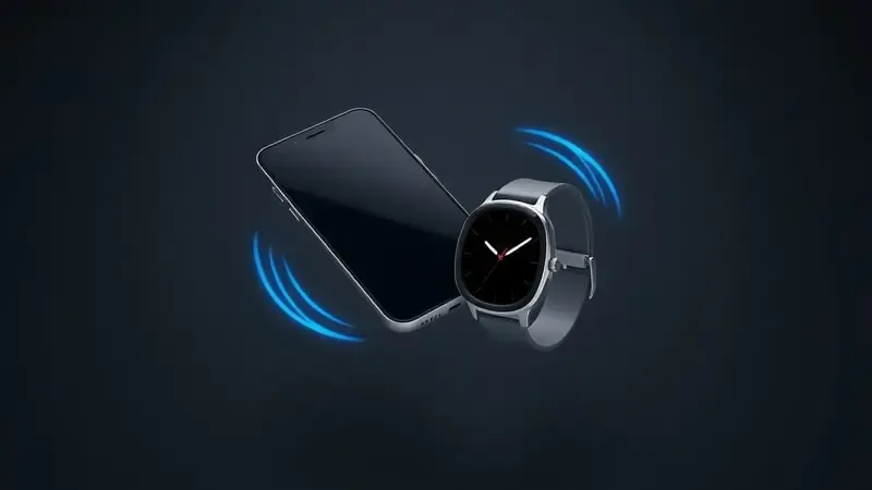 Representação conceitual de pareamento Bluetooth entre smartphone e smartwatch com ondas de conexão abstratas.