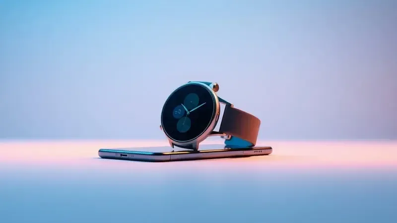 Renderização 3D conceitual mostrando pareamento Bluetooth entre smartwatch e smartphone Android com efeito de conexão luminosa.