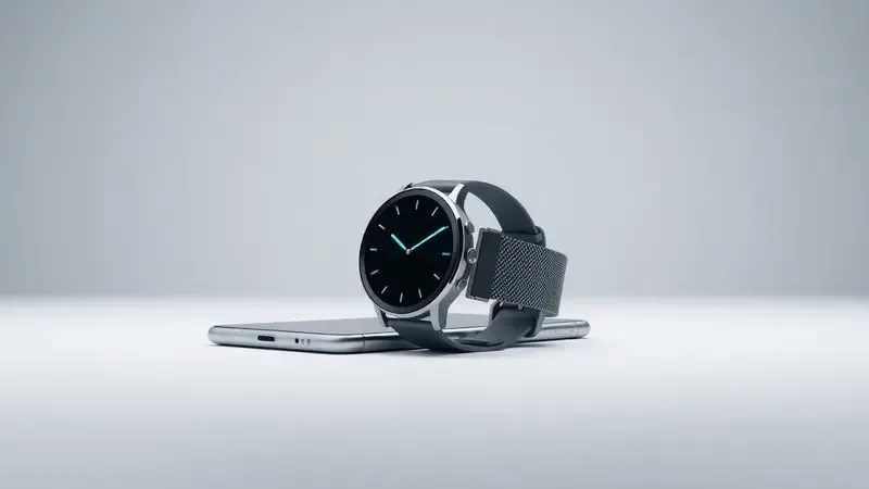 Render 3D conceitual de smartwatch e celular próximos com partículas de luz simbolizando pareamento sem fio.