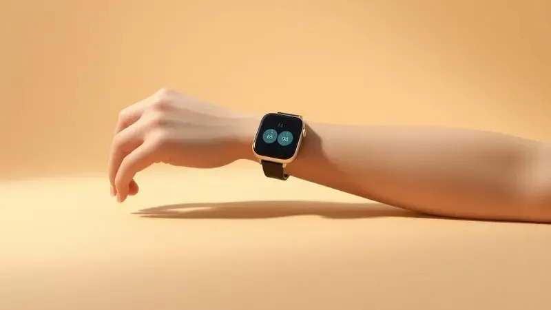 Renderização 3D mostrando posicionamento correto do pulso com smartwatch na altura do coração para medição precisa de pressão arterial.