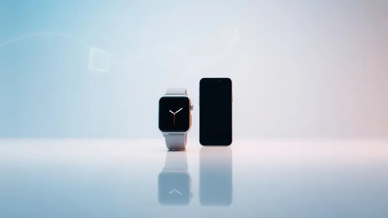 Render 3D conceitual de smartwatch e smartphone pareando com arco de conexão abstrato e formas geométricas flutuantes.