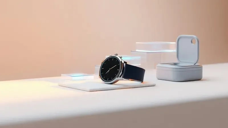 Cena 3D conceitual de smartwatch sobre superfície protetora com elementos abstratos representando passos de cuidado após quebra do aparelho.
