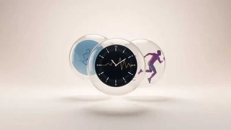Perfis de uso de smartwatch representados em cenas abstratas: uso casual, monitoramento de saúde e performance esportiva em renderização 3D