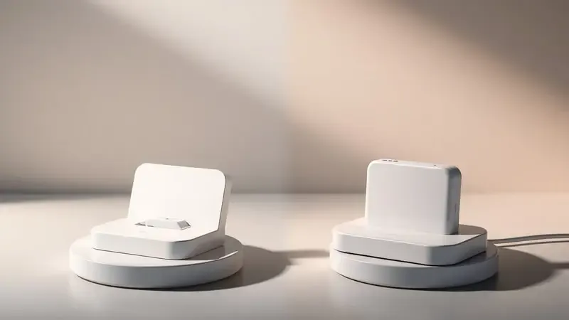 Renderização conceitual 3D contrastando carregador certificado de qualidade com carregador falsificado de procedência duvidosa.