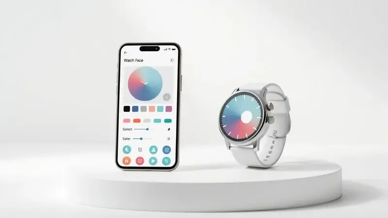 Interface de personalização de mostradores de smartwatch em smartphone com opções de design geométricas.