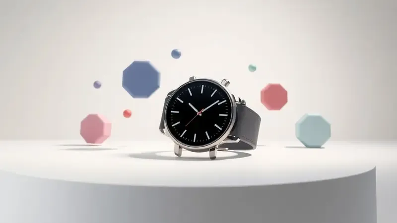Renderização 3D de smartwatch com mostradores abstratos flutuantes representando personalização de watch faces.