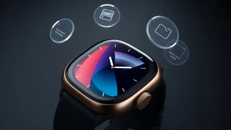 Close-up 3D de smartwatch exibindo watch face abstrata com elementos flutuantes representando personalização.