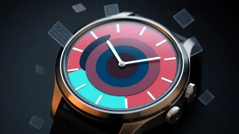 Close-up 3D de tela de smartwatch com mostrador geométrico abstrato e notificações flutuantes representando personalização