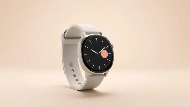 Interface de personalização de watch face flutuando ao lado de smartwatch em renderização 3D com tons neutros