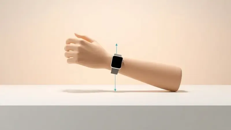 Renderização 3D do posicionamento correto do braço e pulso na altura do coração para medição precisa da pressão arterial com smartwatch.