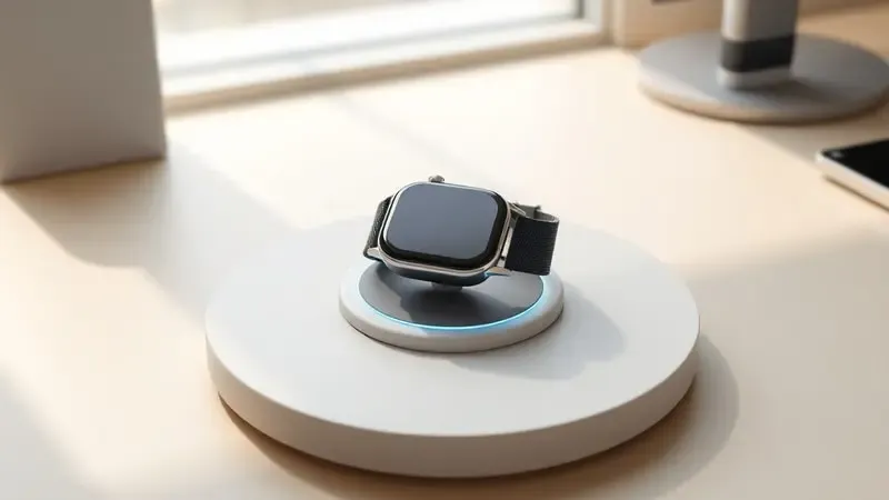 Renderização 3D de smartwatch posicionado corretamente sobre base de carregamento wireless com indicador de alinhamento luminoso.