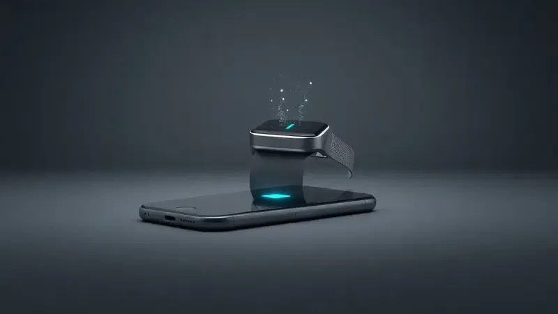 Conceito 3D de carregamento reverso entre smartphone e smartwatch com visualização de transferência de energia sem fio.