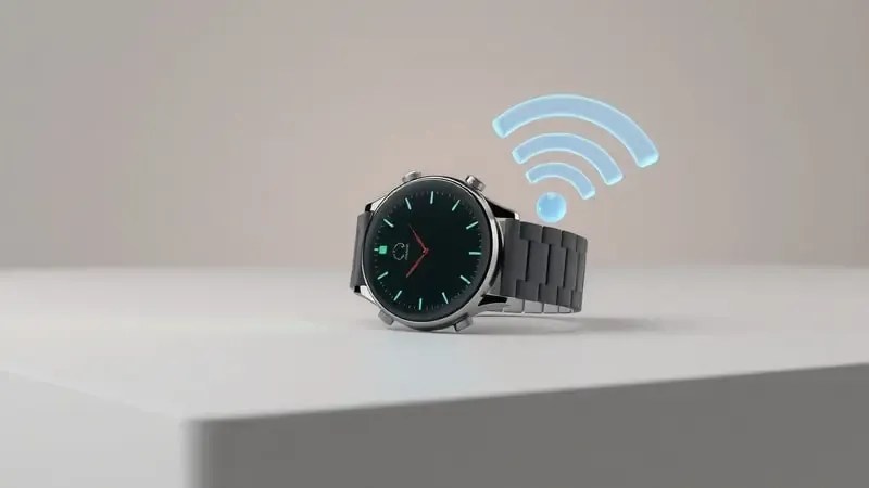Renderização 3D de smartwatch sobre superfície minimalista com indicador de bateria pulsante e ondas de sinal Wi-Fi translúcidas representando pré-requisitos de atualização.