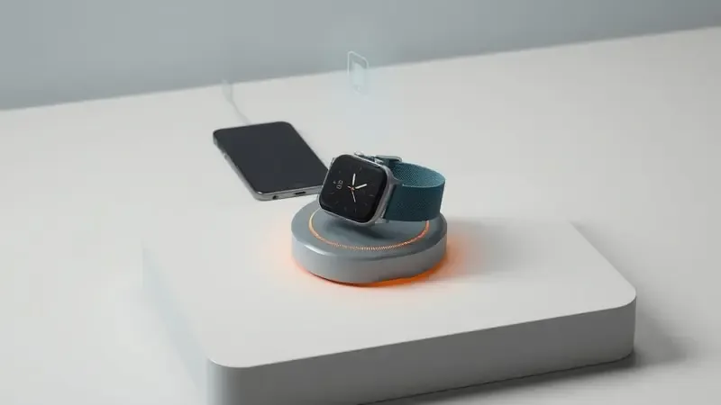 Cena 3D de smartwatch sobre base de carregamento sem fio com smartphone ao fundo, representando os pré-requisitos de configuração inicial