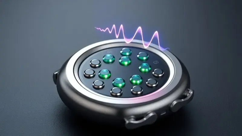 Renderização 3D detalhada de sensor óptico de pressão arterial em smartwatch com visualização de ondas de precisão