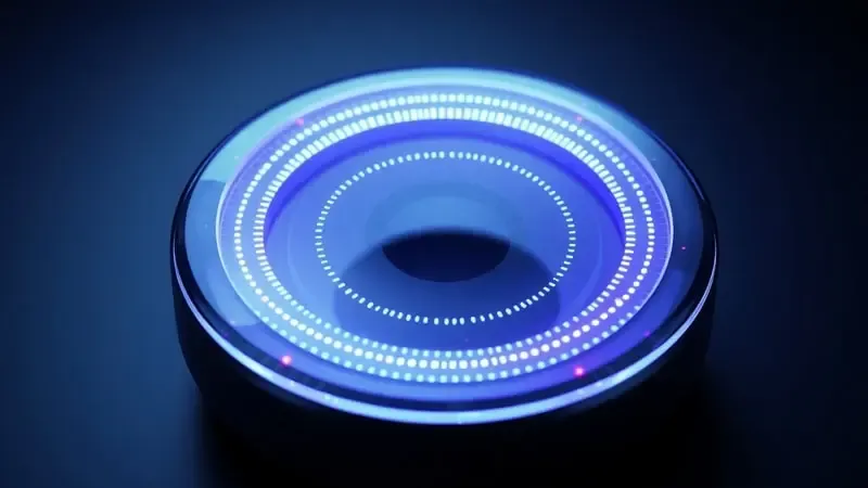 Renderização 3D abstrata de feixes de luz azul e violeta interagindo com superfície translúcida, representando sensores biométricos de precisão.
